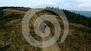 Drone mountains biking male among charming green spruces against cloudy sky