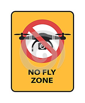 Drone No Fly Zone sign. Yellow prohibition sign with quadcopter isolated vector icon