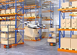 Drone and orange robots in modern warehouse