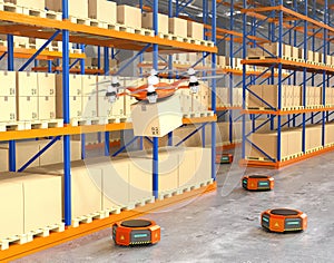 Drone and orange robots in modern warehouse