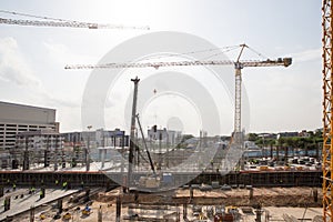 Drone over construction site. video surveillance or industrial inspection.