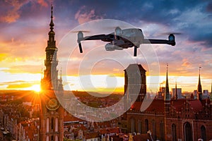 Drone over the Main Town of Gdansk at sunset. Poland