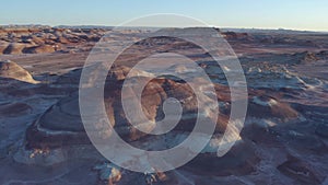 Drone over moonscape landscape in Utah