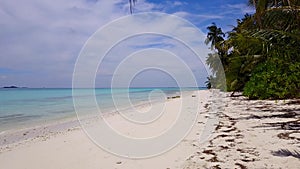 Drone over ocean waves wash sand beach. Aerial shot above unhabited island. Many coconut palms . Tropic nobody nature