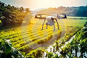 Drone over wheat fields, using tech to monitor agriculture.