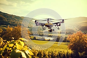 Drone over wheat fields, using tech to monitor agriculture.