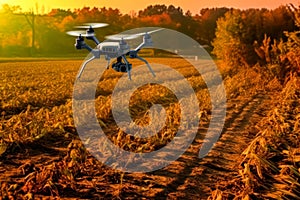 Drone over wheat fields, using tech to monitor agriculture.