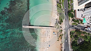 Drone overhead view of world famous Waikiki Beach