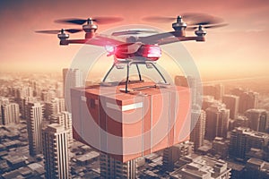 drone with packages flying over building, carrying box with delivery