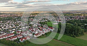 Drone panning over the small town of Dieburg near Darmstadt in southern Hesse at sunset