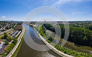 Drone panorama of the city of Regensburg in Bavaria with a view of the Dult folk festival and cathedral, Germany