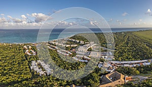 Drone panorama of a hotel complex on the Gulf Coast of Mexico's Yucatan Peninsula