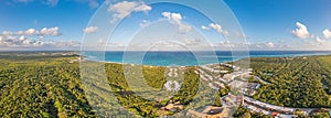 Drone panorama of a hotel complex on the Gulf Coast of Mexico's Yucatan Peninsula