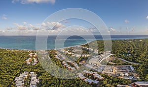 Drone panorama of a hotel complex on the Gulf Coast of Mexico's Yucatan Peninsula