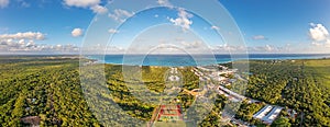 Drone panorama of a hotel complex on the Gulf Coast of Mexico's Yucatan Peninsula