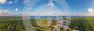 Drone panorama of a hotel complex on the Gulf Coast of Mexico's Yucatan Peninsula