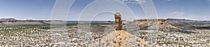 Drone panorama of the landscape around the famous Vingerklip rock needle in northern Namibia during the day