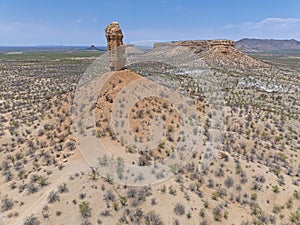 Drone panorama of the landscape around the famous Vingerklip rock needle in northern Namibia during the day