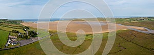 Drone panorama landscape of North Lacken with a view of the beach and saltmarsh at low tide