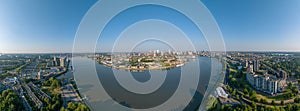 Drone panorama over Dutch city Rotterdam at sunrise