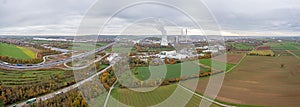 Drone panorama over German city Heilbronn with Neckar river and combined heat and power plant