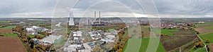 Drone panorama over German city Heilbronn with Neckar river and combined heat and power plant