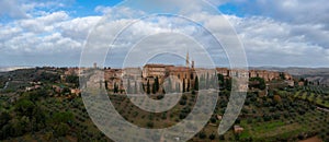 drone panorama view of the Tuscan hilltop village of Pienza