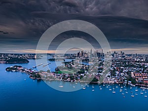 Drone Panoramic Aerial views of Sydney Harbour NSW Australia cloudy skies