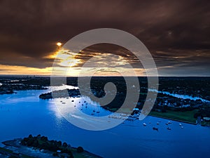 Drone Panoramic Aerial views of Sydney Harbour NSW Australia cloudy skies