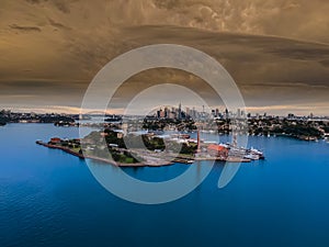 Drone Panoramic Aerial views of Sydney Harbour NSW Australia cloudy skies