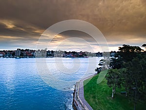 Drone Panoramic Aerial views of Sydney Harbour NSW Australia cloudy skies