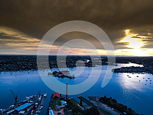 Drone Panoramic Aerial views of Sydney Harbour NSW Australia cloudy skies