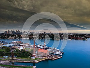 Drone Panoramic Aerial views of Sydney Harbour NSW Australia cloudy skies