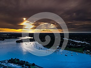 Drone Panoramic Aerial views of Sydney Harbour NSW Australia cloudy skies