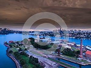 Drone Panoramic Aerial views of Sydney Harbour NSW Australia cloudy skies