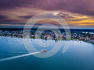 Drone Panoramic Aerial views of Sydney Harbour NSW Australia cloudy skies