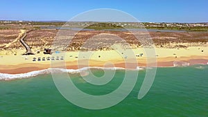 Drone panoramic record over Gale beach in Portugal with top view on shoreline