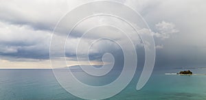 Drone panoramic seascape with stormy cloudy sky in the ocean. Storm in the sea. Cloudy day