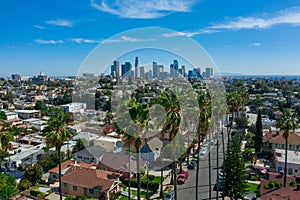 Drone, panoramic shot of Los Angeles skyline taken from Echo Park