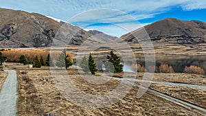 Drone perspective of the alpine Lake Camp in NZ South island Ashburton conservation park