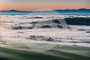 Drone perspective of a fog-filled valley at sunrise, highlighting soft contrasts and gentle hues. AI generated. photo