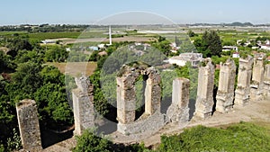 Drone photo of aquduct in ancient city Aspendos. Antalya Province, Turkey.