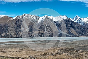 Drone photo of the arid desert like Hakatere Valley and southern alps in the Ashburton Highlands