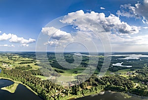 Drone photo - beautiful landscape panorama on sunnny summer day lakes, forests and blue sky