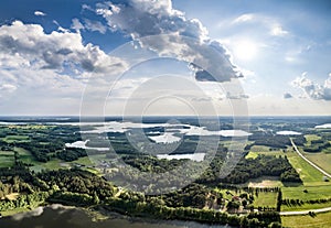 Drone photo - beautiful landscape panorama on sunnny summer day lakes, forests and blue sky