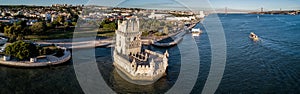 Drone photo - The famous Belem Tower of Lisbon Portugal at sunset.