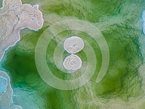 Drone photo of the Dead Sea, Israel, salty coast, Hotels and Spa centers in Ein Bokek area