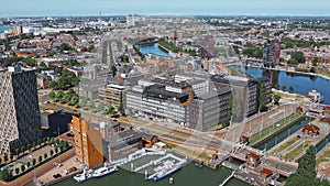 Drone photo of Delfshaven, borough of Rotterdam, Netherlands. View of river Nieuwe Maas.