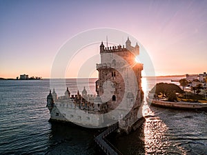 Drone photo - The famous Belem Tower of Lisbon Portugal at sunset.