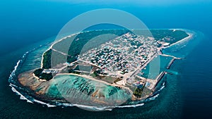 Drone photo of the inhabited tropical island Manadhoo the capital of Noonu atoll